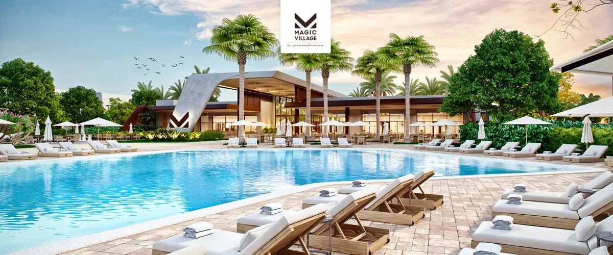 Piscina do clubhouse do Magic Village by Pininfarina, em imagem do material do empreendimento